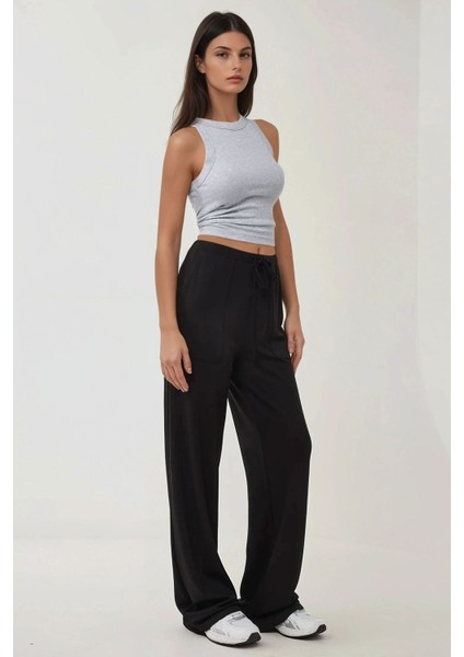 Kadın Wide Leg Beli Lastikli Dokulu Örme Pantolon Black