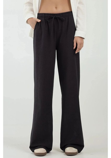 Kadın Geniş Paça Lastikli Bel Pantolon Black