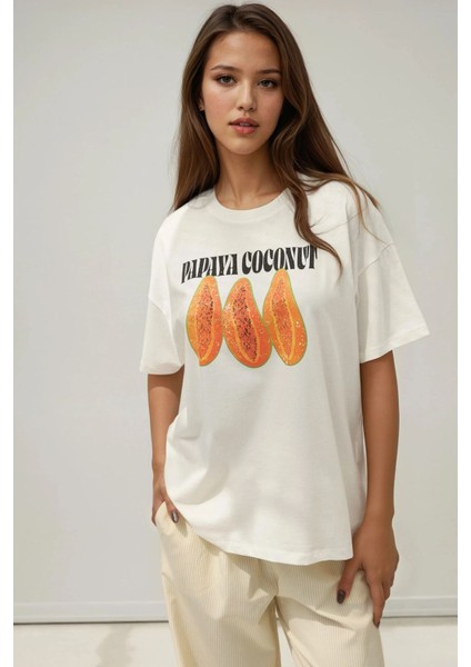 Kadın Kadın %100 Pamuk Bisiklet Yaka Oversize Beyaz Baskılı T-Shirt Orange