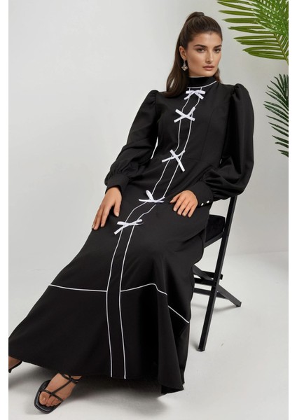 Kadın Yarım Balıkçı Yakalı Renk Bloklu Uzun Elbise Siyah fiyatları