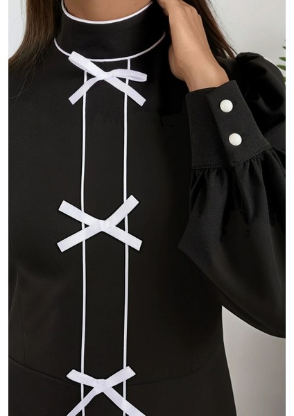 Kadın Yarım Balıkçı Yakalı Renk Bloklu Uzun Elbise Siyah indirimleri