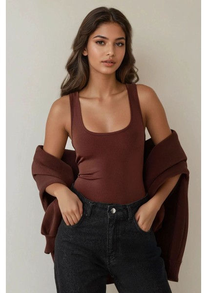 Kadın Fitted Kare Fitilli Üst Brown fiyatları