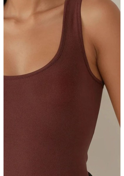 Kadın Fitted Kare Fitilli Üst Brown