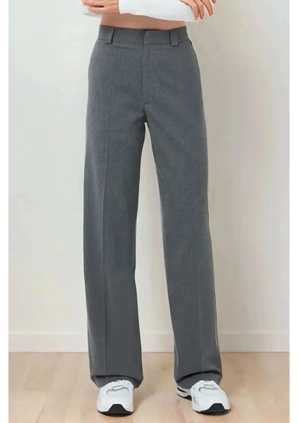 Kadın Beli Kopçalı Dokuma Pantolon Gri