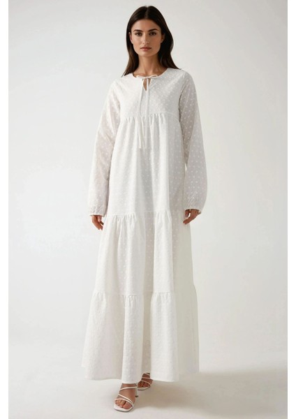 Kadın Brode Uzun Kollu Modest Elbise White