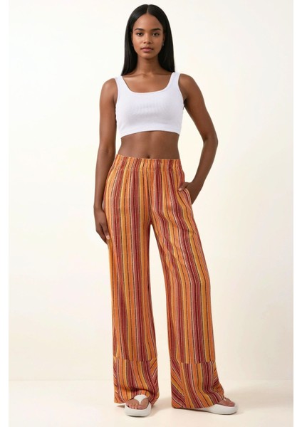 Kadın Wide Leg Çizgi Desenli Rahat Kesim Pantolon Orange