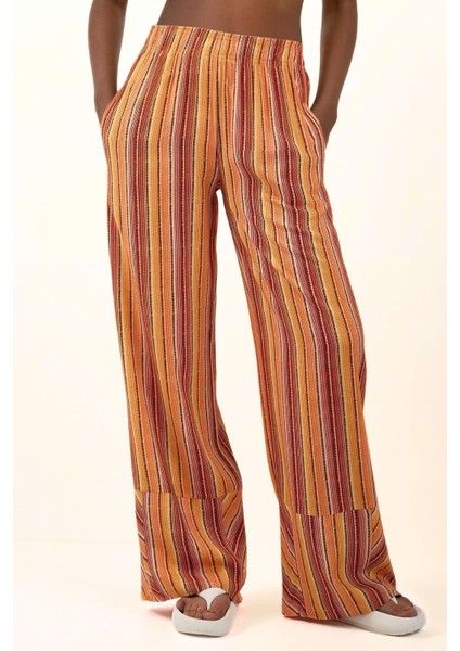 Kadın Wide Leg Çizgi Desenli Rahat Kesim Pantolon Orange fiyatları