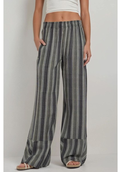Kadın Wide Leg Çizgi Desenli Rahat Kesim Pantolon Black fiyatları