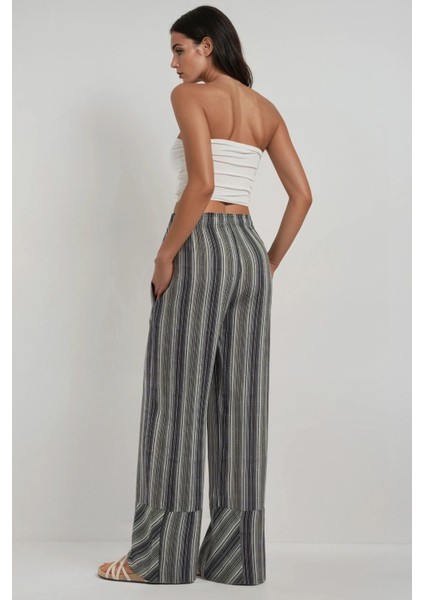 Kadın Wide Leg Çizgi Desenli Rahat Kesim Pantolon Black indirimleri