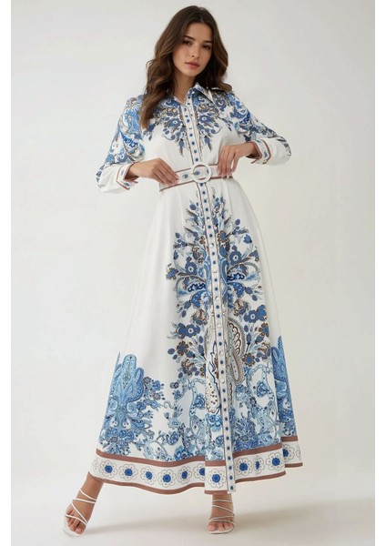 Kadın Baskılı Uzun Kol Kemerli Modest Elbise Blue