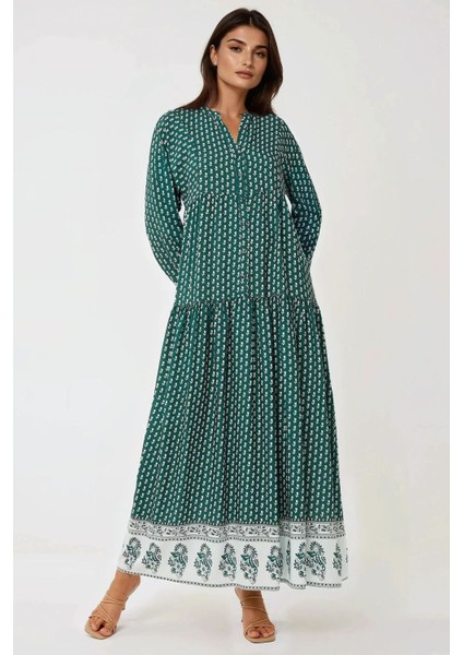 Kadın Desenli V Yaka Modest Elbise Green fırsatları