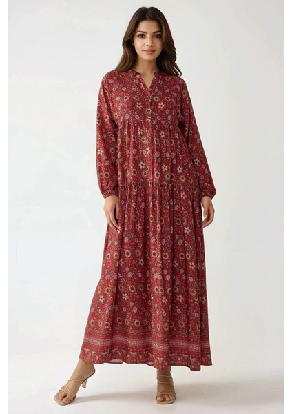 Kadın Düğmeli Baskılı V Yaka Modest Elbise Red modelleri