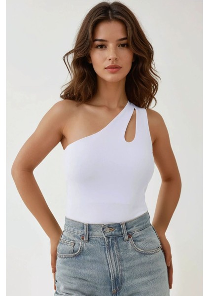 Kadın Slim Fit Asimetrik Yaka Body Üst White