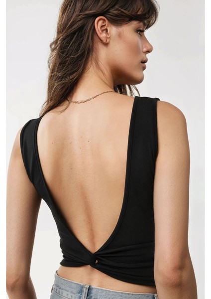 Kadın Slim Fit Sırtı Açık Kayık Yaka Örme Üst Black