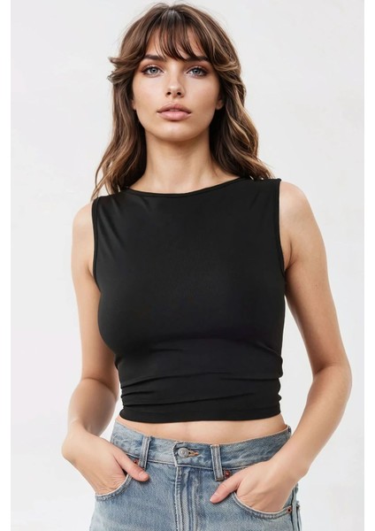 Kadın Slim Fit Sırtı Açık Kayık Yaka Örme Üst Black modelleri