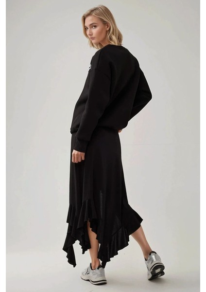 Kadın Dantelli Drapeli Asimetrik Maxi Etek Siyah fiyatları