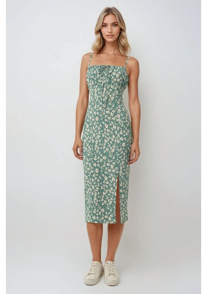 Kadın Yırtmaç Detaylı Çiçek Desenli Bodycon Midi Elbise Green modelleri