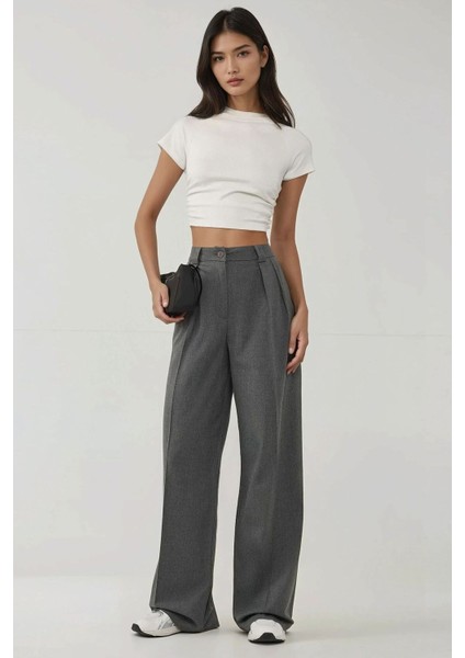 Kadın Yüksek Bel Palazzo Dokuma Pantolon Gri
