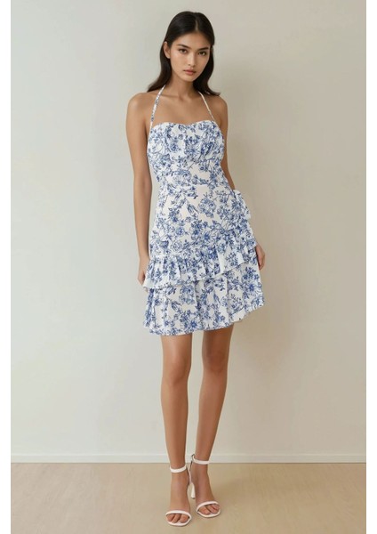 Kadın Çiçek Desenli Fırfırlı Askılı Mini Elbise Mavi modelleri