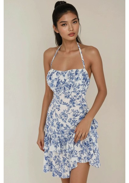 Kadın Çiçek Desenli Fırfırlı Askılı Mini Elbise Mavi fırsatları