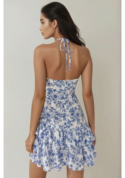 Kadın Çiçek Desenli Fırfırlı Askılı Mini Elbise Mavi