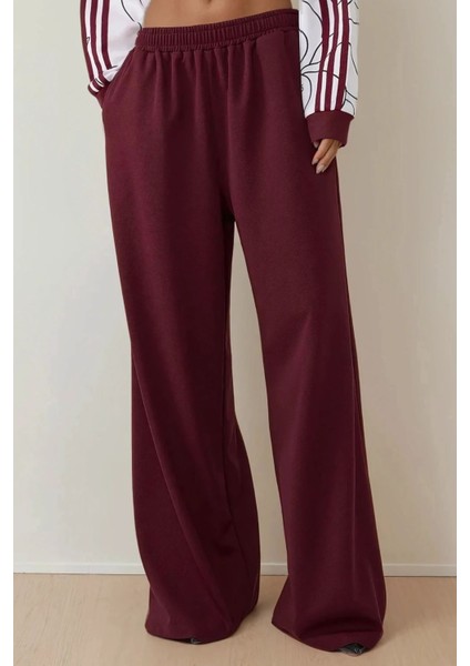 Kadın Lastikli Bel ve Geniş Paça Örme Pantolon Red