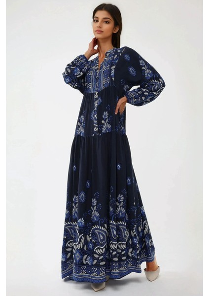 Kadın Baskılı Uzun Kol Viskon Modest Elbise Lacivert