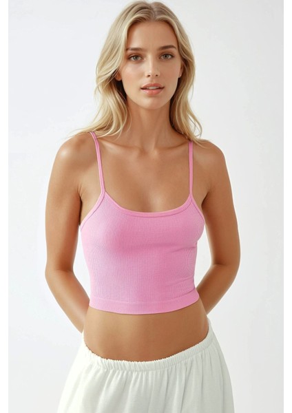 Kadın Fitted Crew Yaka Basic Tank Top Pink