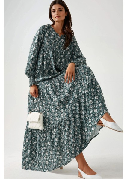 Kadın Desenli Yuvarlak Yaka Viskon Modest Elbise Green