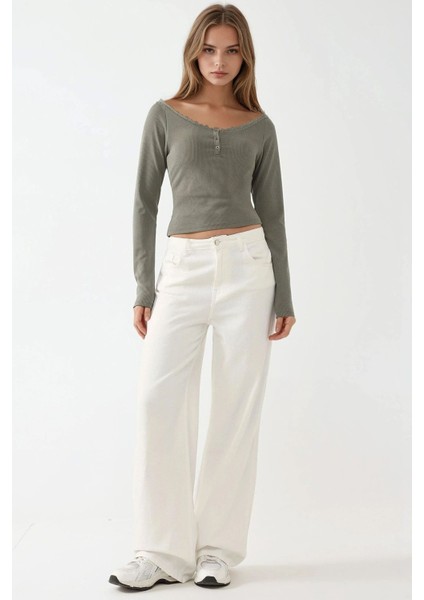 Kadın Dantel Şerit Detaylı Uzun Kollu Slim Fit Üst Green indirimleri