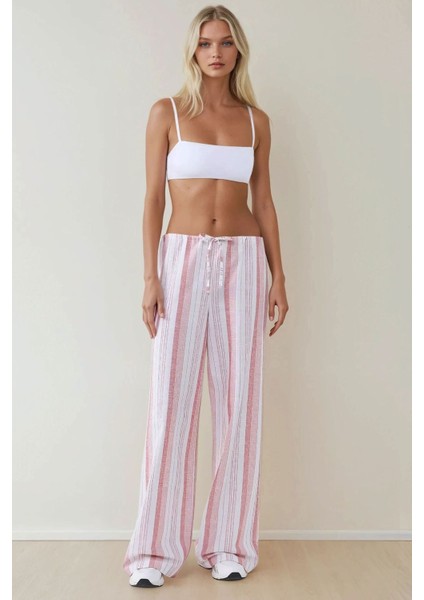 Kadın Wide Leg Rahat Kesim Çizgili Pantolon Pink fiyatları