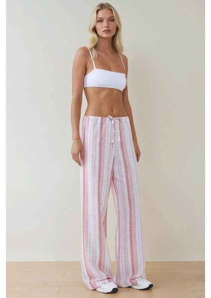 Kadın Wide Leg Rahat Kesim Çizgili Pantolon Pink fırsatları