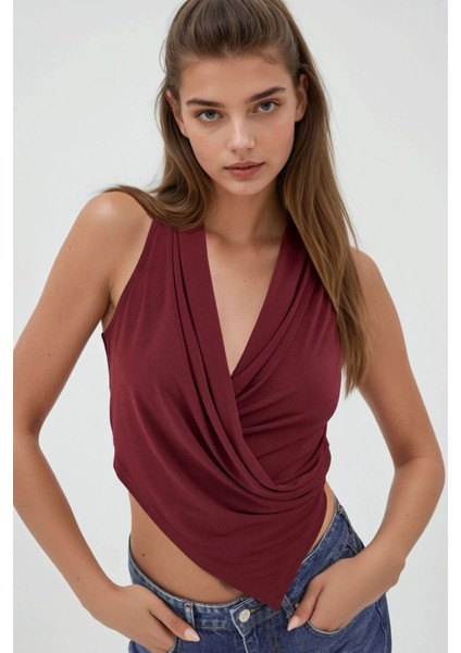 Kadın Halter Yaka Kruvaze Esnek Sandy Örme Üst Red