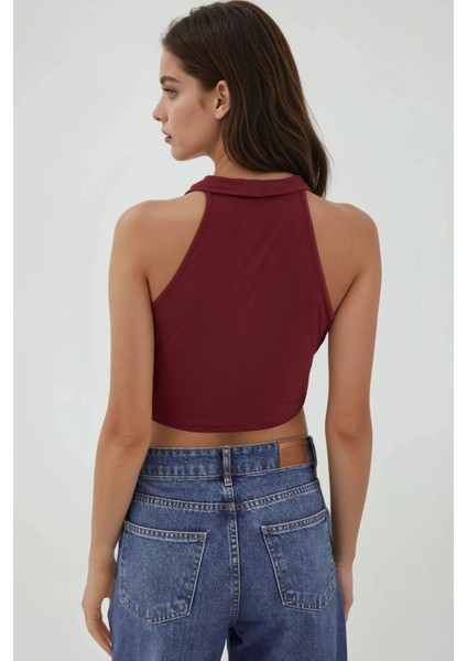 Kadın Halter Yaka Kruvaze Esnek Sandy Örme Üst Red modelleri