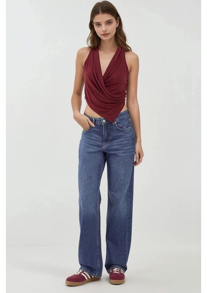 Kadın Halter Yaka Kruvaze Esnek Sandy Örme Üst Red fırsatları