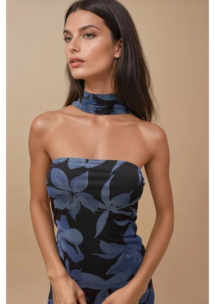 Kadın Straplez Çiçekli Midi Elbise Blue fırsatları
