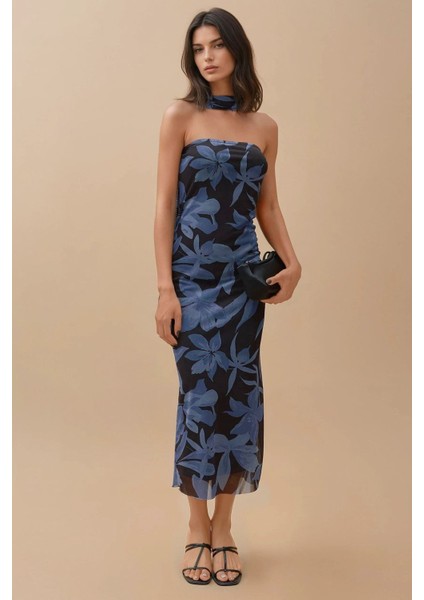 Kadın Straplez Çiçekli Midi Elbise Kobalt Mavisi
