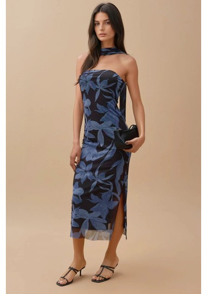 Kadın Straplez Çiçekli Midi Elbise Kobalt Mavisi fiyatları