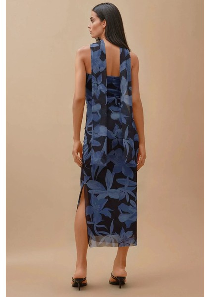 Kadın Straplez Çiçekli Midi Elbise Kobalt Mavisi