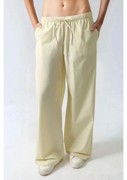 Kadın Beli Lastikli Çizgili Pamuklu Pijama Altı Yellow