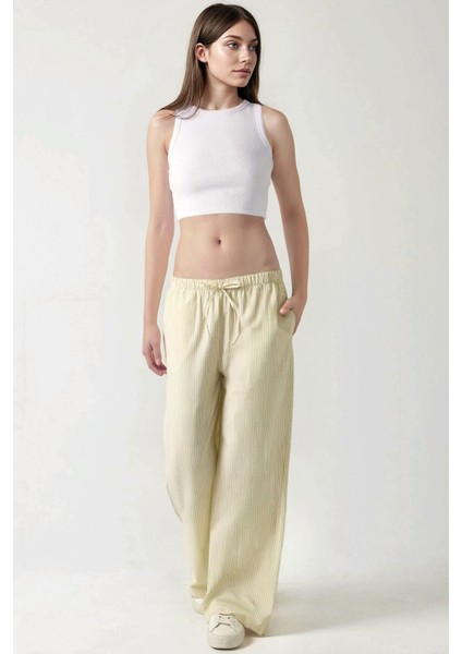 Kadın Beli Lastikli Çizgili Pamuklu Pijama Altı Yellow fiyatları