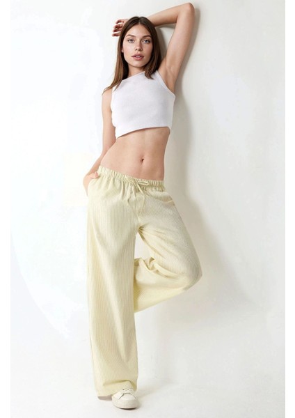 Kadın Beli Lastikli Çizgili Pamuklu Pijama Altı Yellow indirimleri