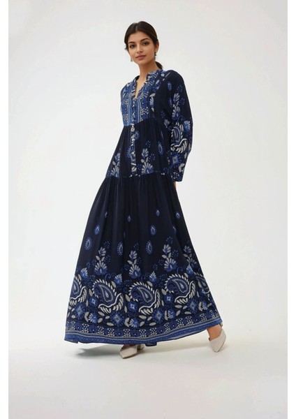 Kadın Baskılı Uzun Kol Viskon Modest Elbise Lacivert modelleri