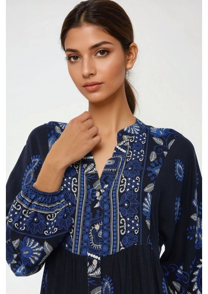 Kadın Baskılı Uzun Kol Viskon Modest Elbise Lacivert indirimleri