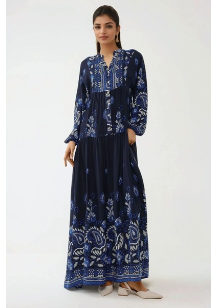 Kadın Baskılı Uzun Kol Viskon Modest Elbise Lacivert