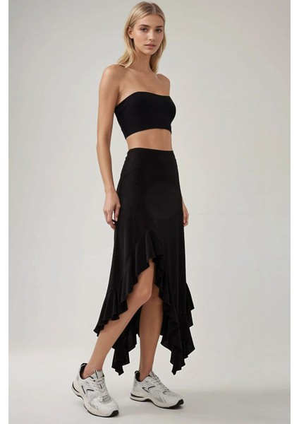 Kadın Dantelli Drapeli Asimetrik Maxi Etek Siyah