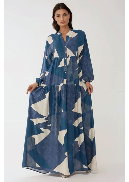 Kadın Baskılı Uzun Kol Viskon Modest Elbise Lacivert