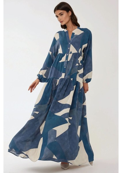 Kadın Baskılı Uzun Kol Viskon Modest Elbise Lacivert fiyatları