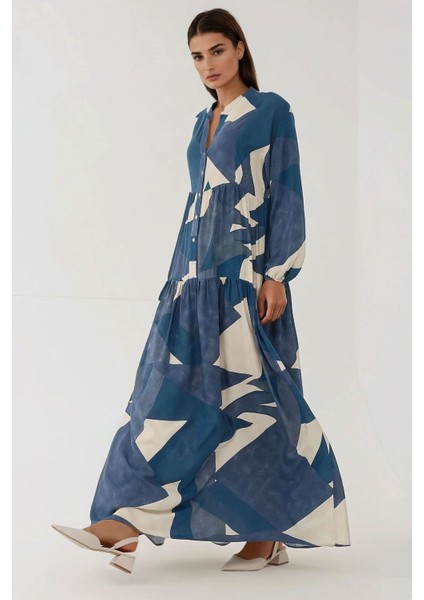 Kadın Baskılı Uzun Kol Viskon Modest Elbise Lacivert fırsatları