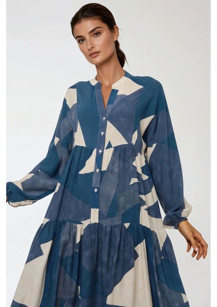 Kadın Baskılı Uzun Kol Viskon Modest Elbise Lacivert indirimleri